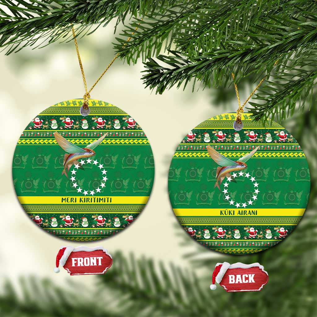 Meri Kiritimiti Cook Islands Christmas Ceramic Ornament Maroro Flying Fish and White Stars LT9 Circle Green - Polynesian Pride
