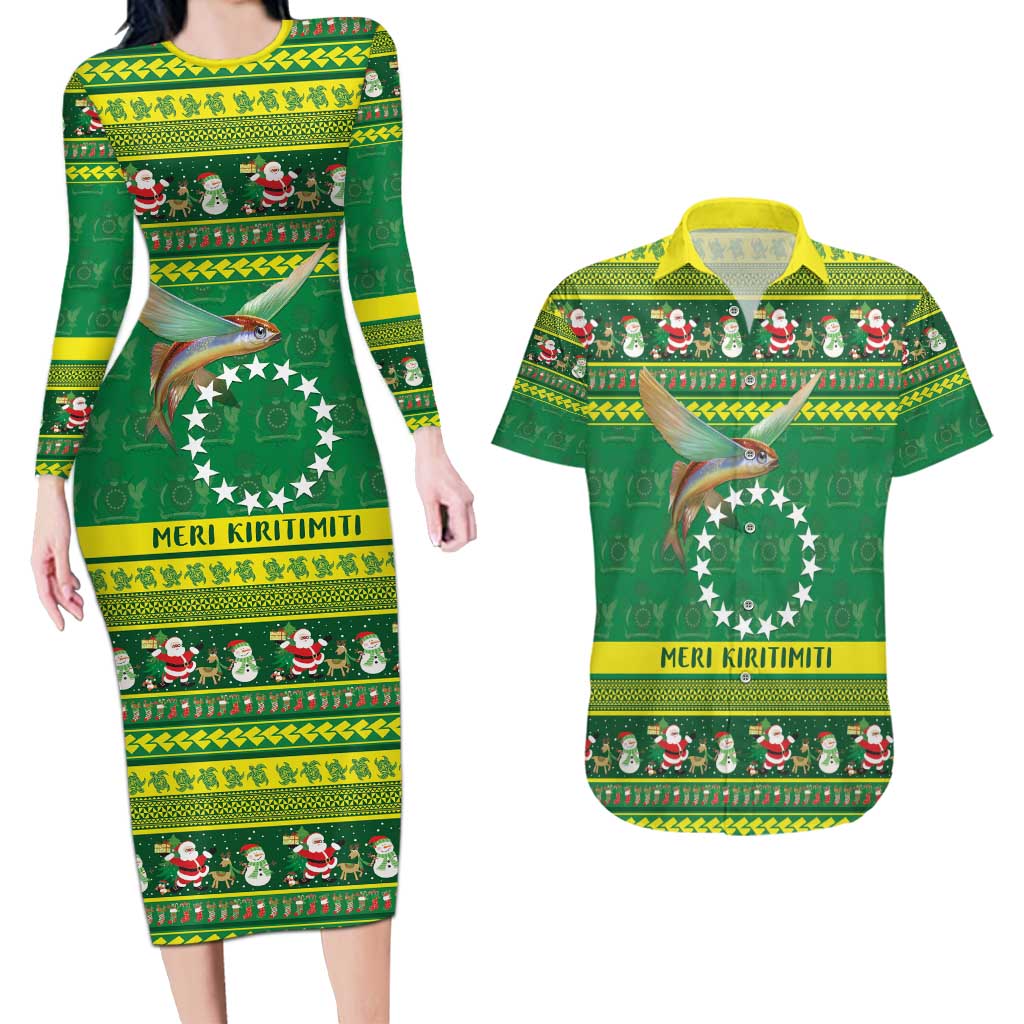 Meri Kiritimiti Cook Islands Christmas Couples Matching Long Sleeve Bodycon Dress and Hawaiian Shirt Maroro Flying Fish and White Stars