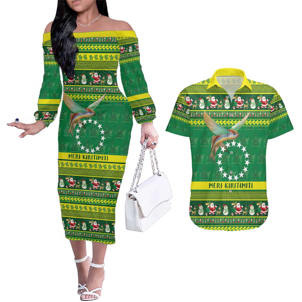 Meri Kiritimiti Cook Islands Christmas Couples Matching Off The Shoulder Long Sleeve Dress and Hawaiian Shirt Maroro Flying Fish and White Stars