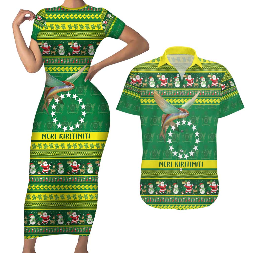 Meri Kiritimiti Cook Islands Christmas Couples Matching Short Sleeve Bodycon Dress and Hawaiian Shirt Maroro Flying Fish and White Stars