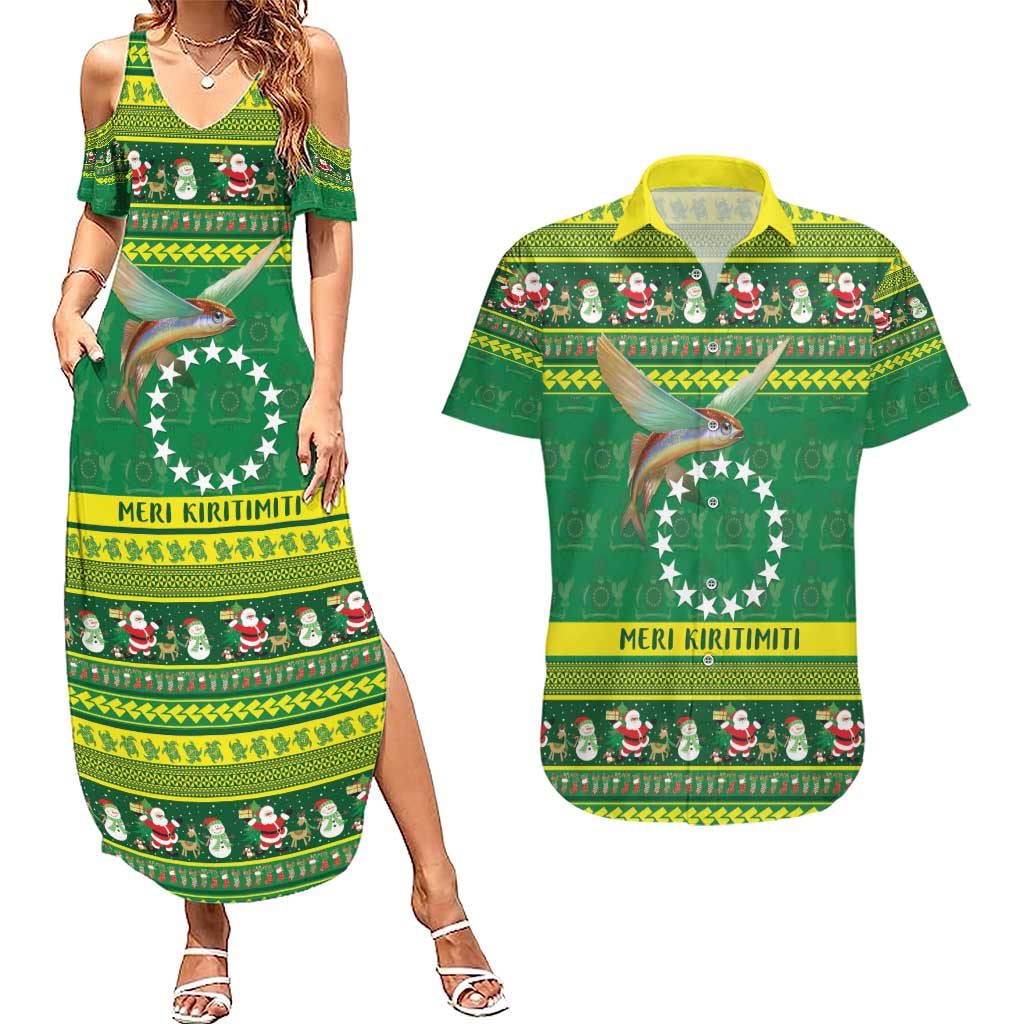 Meri Kiritimiti Cook Islands Christmas Couples Matching Summer Maxi Dress and Hawaiian Shirt Maroro Flying Fish and White Stars LT9 Green - Polynesian Pride
