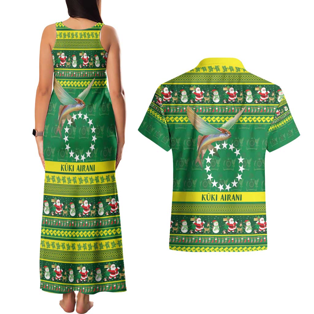 Meri Kiritimiti Cook Islands Christmas Couples Matching Tank Maxi Dress and Hawaiian Shirt Maroro Flying Fish and White Stars