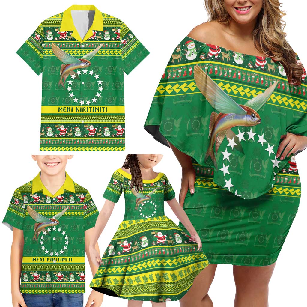 Meri Kiritimiti Cook Islands Christmas Family Matching Off Shoulder Short Dress and Hawaiian Shirt Maroro Flying Fish and White Stars