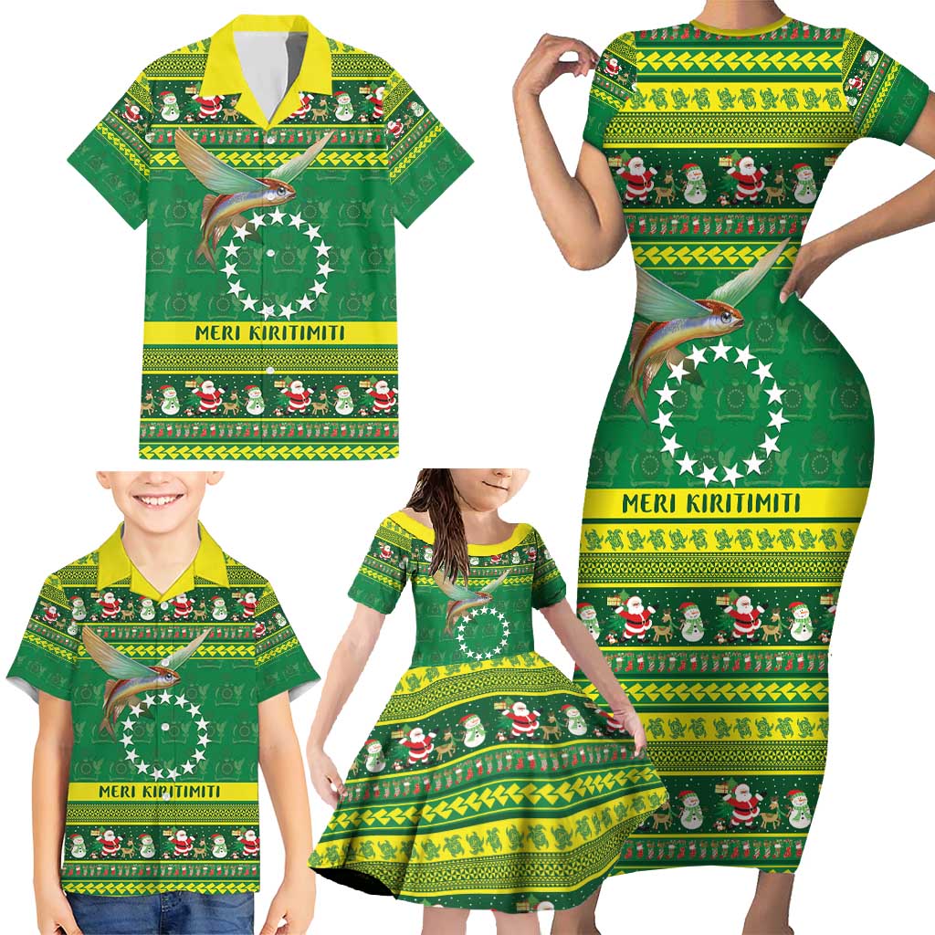 Meri Kiritimiti Cook Islands Christmas Family Matching Short Sleeve Bodycon Dress and Hawaiian Shirt Maroro Flying Fish and White Stars