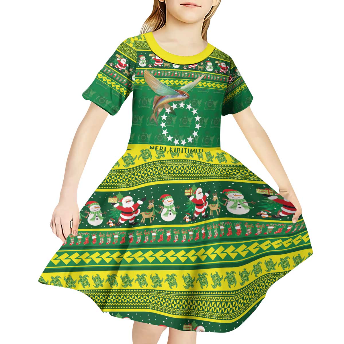 Meri Kiritimiti Cook Islands Christmas Kid Short Sleeve Dress Maroro Flying Fish and White Stars