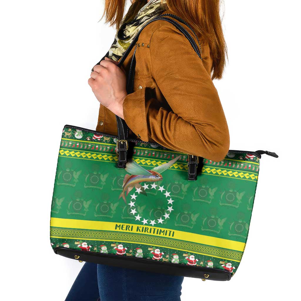 Meri Kiritimiti Cook Islands Christmas Leather Tote Bag Maroro Flying Fish and White Stars LT9 Green - Polynesian Pride