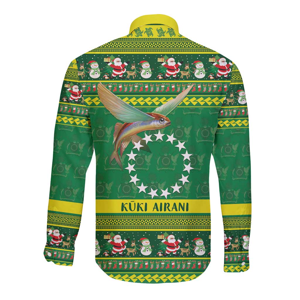 Meri Kiritimiti Cook Islands Christmas Long Sleeve Button Shirt Maroro Flying Fish and White Stars