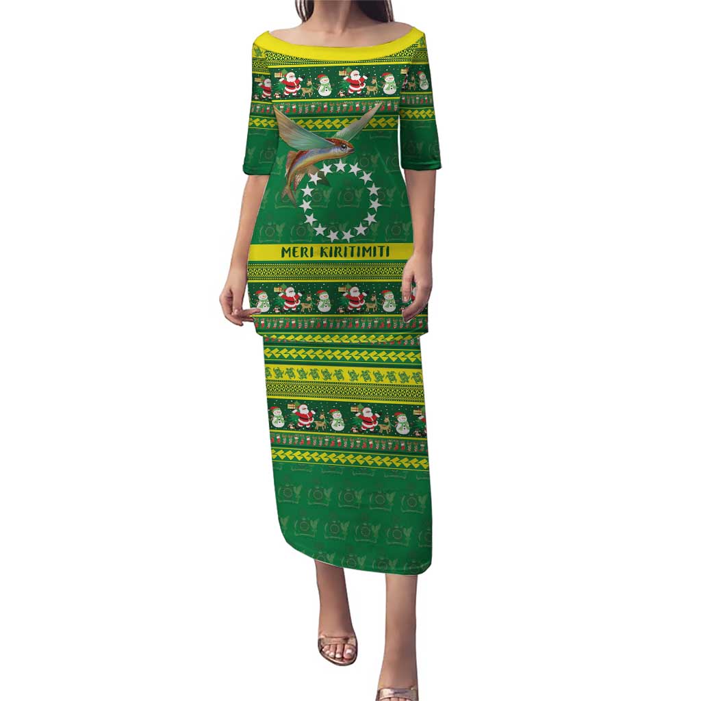Meri Kiritimiti Cook Islands Christmas Puletasi Maroro Flying Fish and White Stars LT9 Long Dress Green - Polynesian Pride