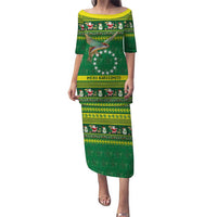 Meri Kiritimiti Cook Islands Christmas Puletasi Maroro Flying Fish and White Stars LT9 Long Dress Green - Polynesian Pride