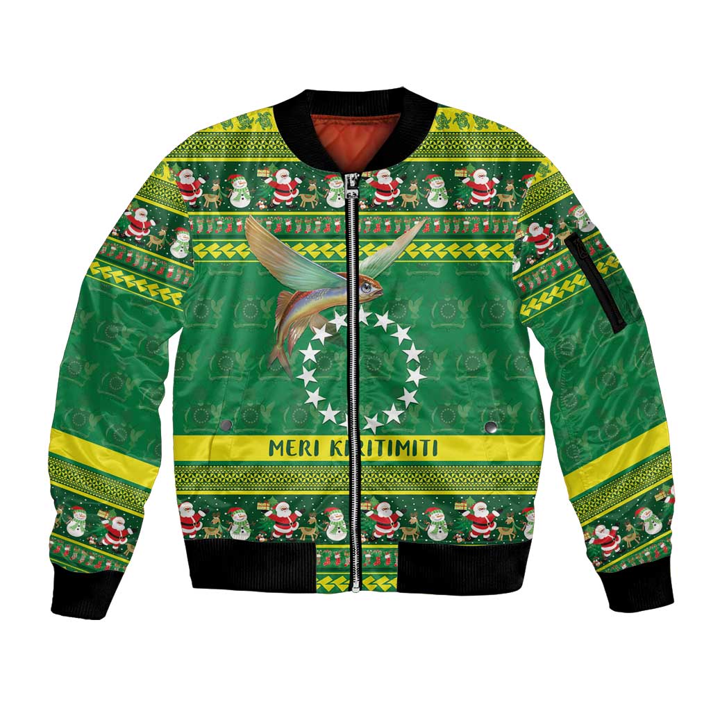 Meri Kiritimiti Cook Islands Christmas Sleeve Zip Bomber Jacket Maroro Flying Fish and White Stars