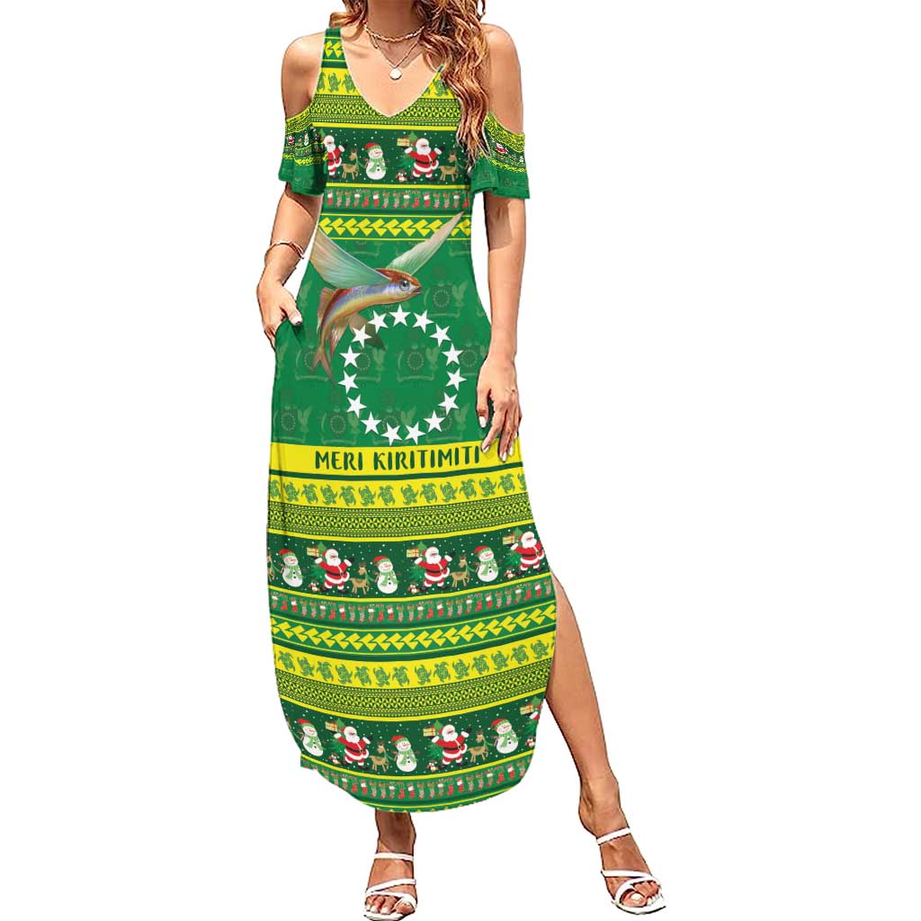 Meri Kiritimiti Cook Islands Christmas Summer Maxi Dress Maroro Flying Fish and White Stars LT9 Women Green - Polynesian Pride