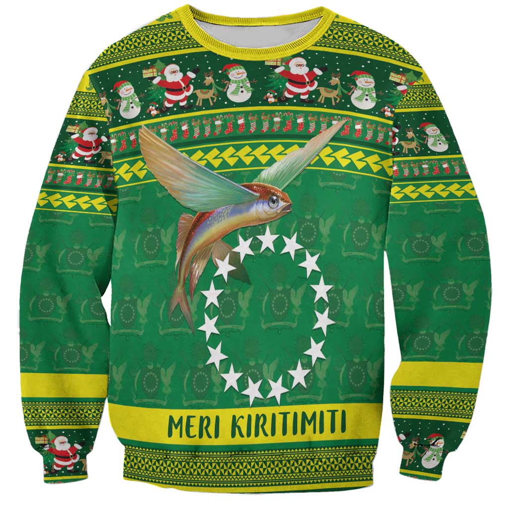 Meri Kiritimiti Cook Islands Christmas Sweatshirt Maroro Flying Fish and White Stars LT9 Unisex Green - Polynesian Pride