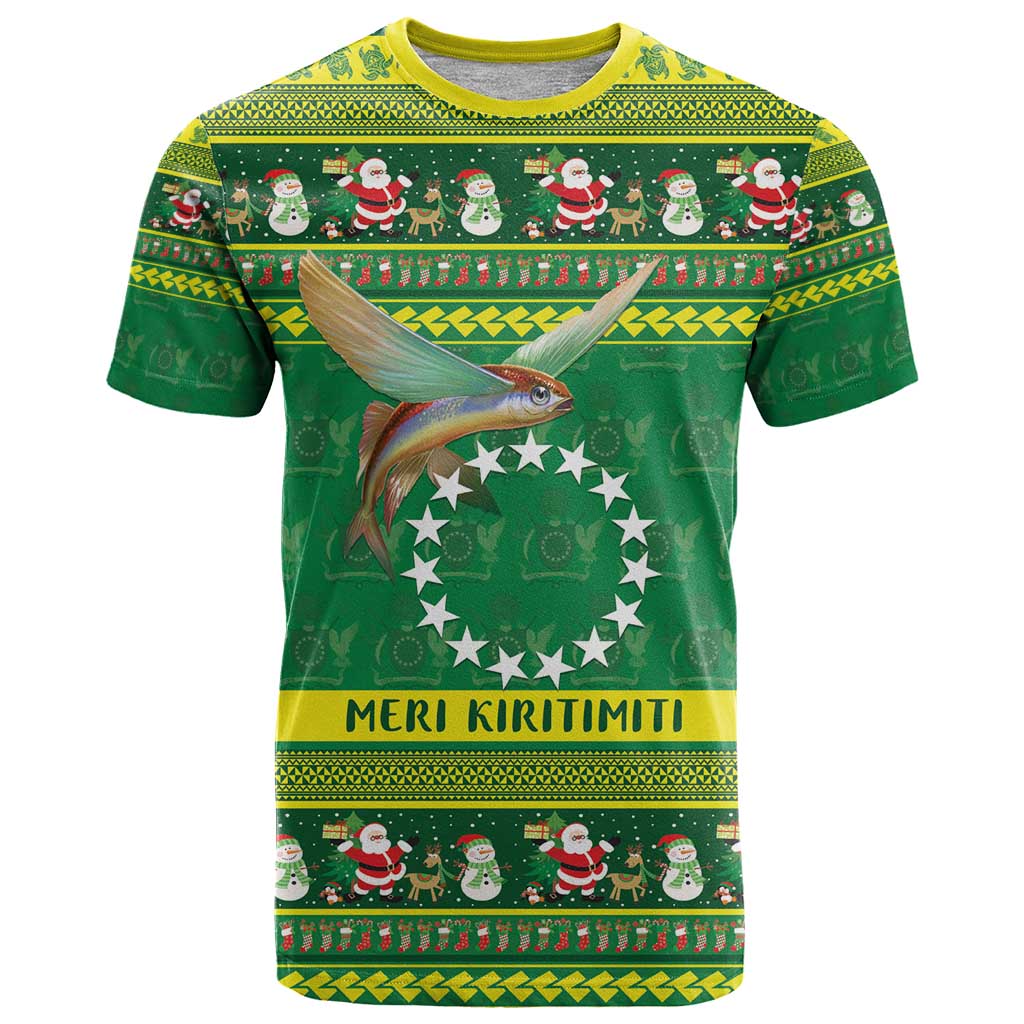 Meri Kiritimiti Cook Islands Christmas T Shirt Maroro Flying Fish and White Stars LT9 Green - Polynesian Pride