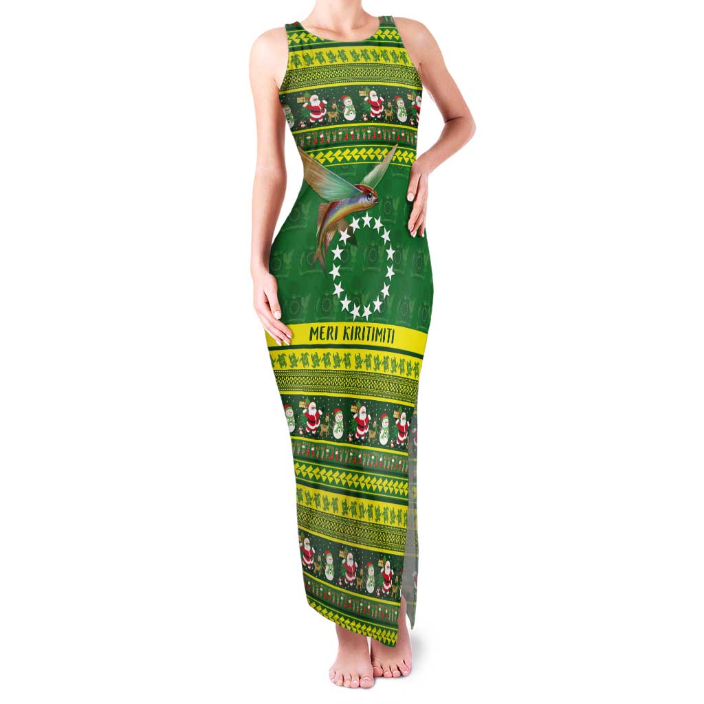 Meri Kiritimiti Cook Islands Christmas Tank Maxi Dress Maroro Flying Fish and White Stars LT9 Women Green - Polynesian Pride