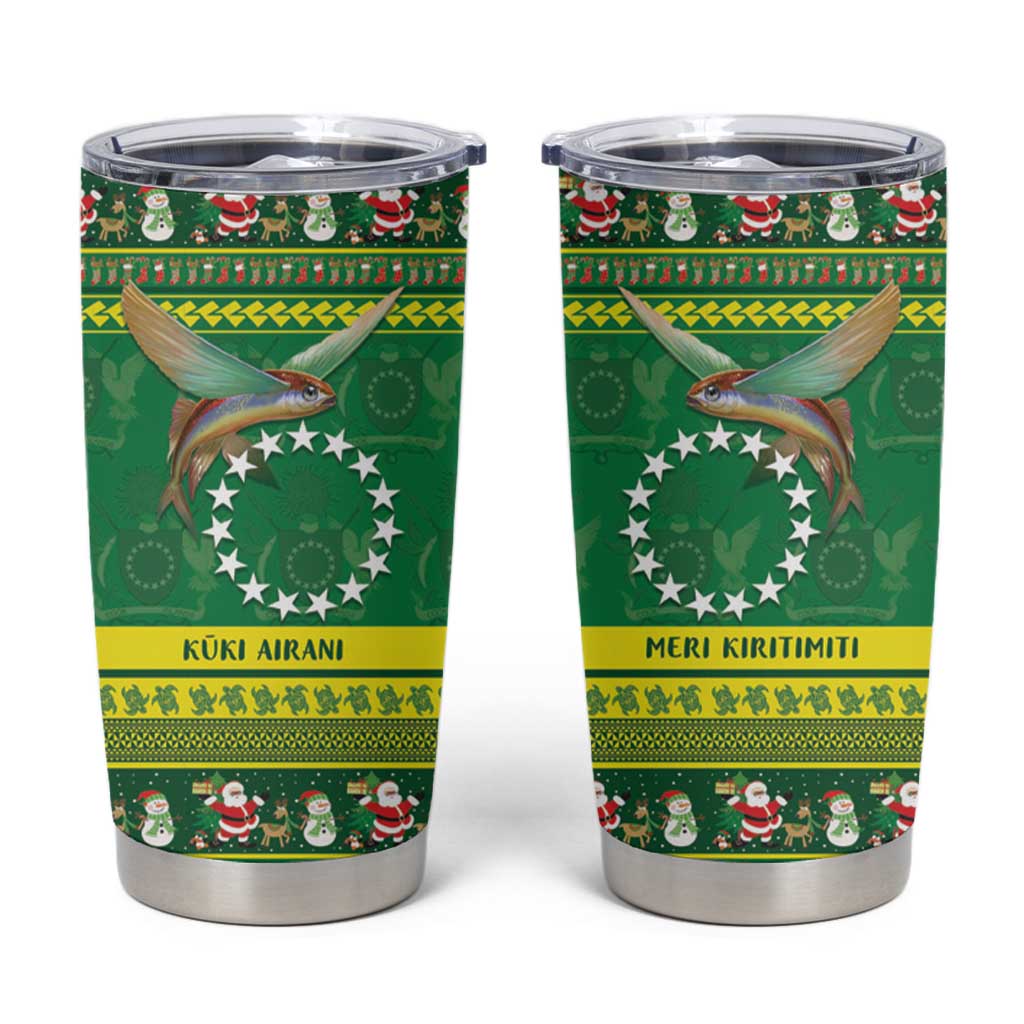 Meri Kiritimiti Cook Islands Christmas Tumbler Cup Maroro Flying Fish and White Stars LT9 Green - Polynesian Pride