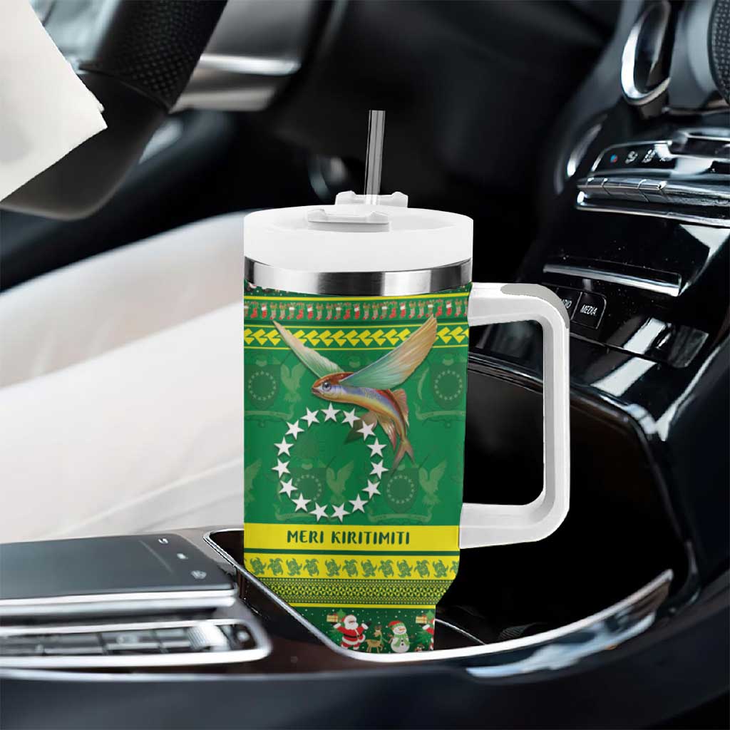 Meri Kiritimiti Cook Islands Christmas Tumbler With Handle Maroro Flying Fish and White Stars LT9 - Polynesian Pride