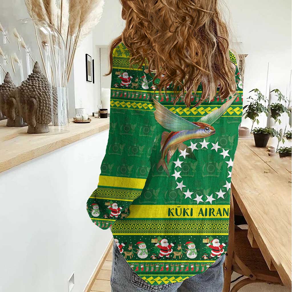 Meri Kiritimiti Cook Islands Christmas Women Casual Shirt Maroro Flying Fish and White Stars