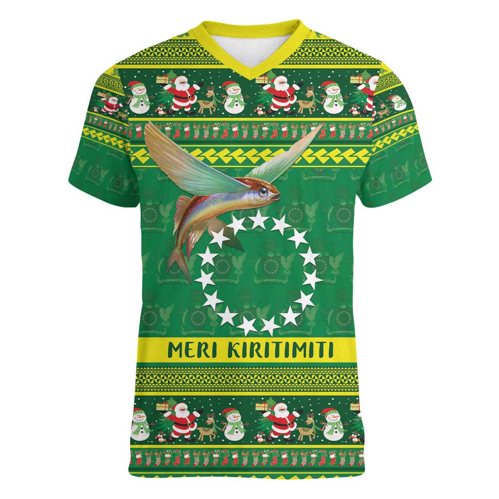 Meri Kiritimiti Cook Islands Christmas Women V-Neck T-Shirt Maroro Flying Fish and White Stars LT9 Female Green - Polynesian Pride