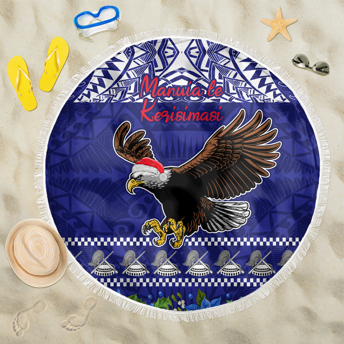 American Samoa Christmas Beach Blanket Manuia le Kerisimasi Polynesian Tribal LT9 One Size 150cm Blue - Polynesian Pride