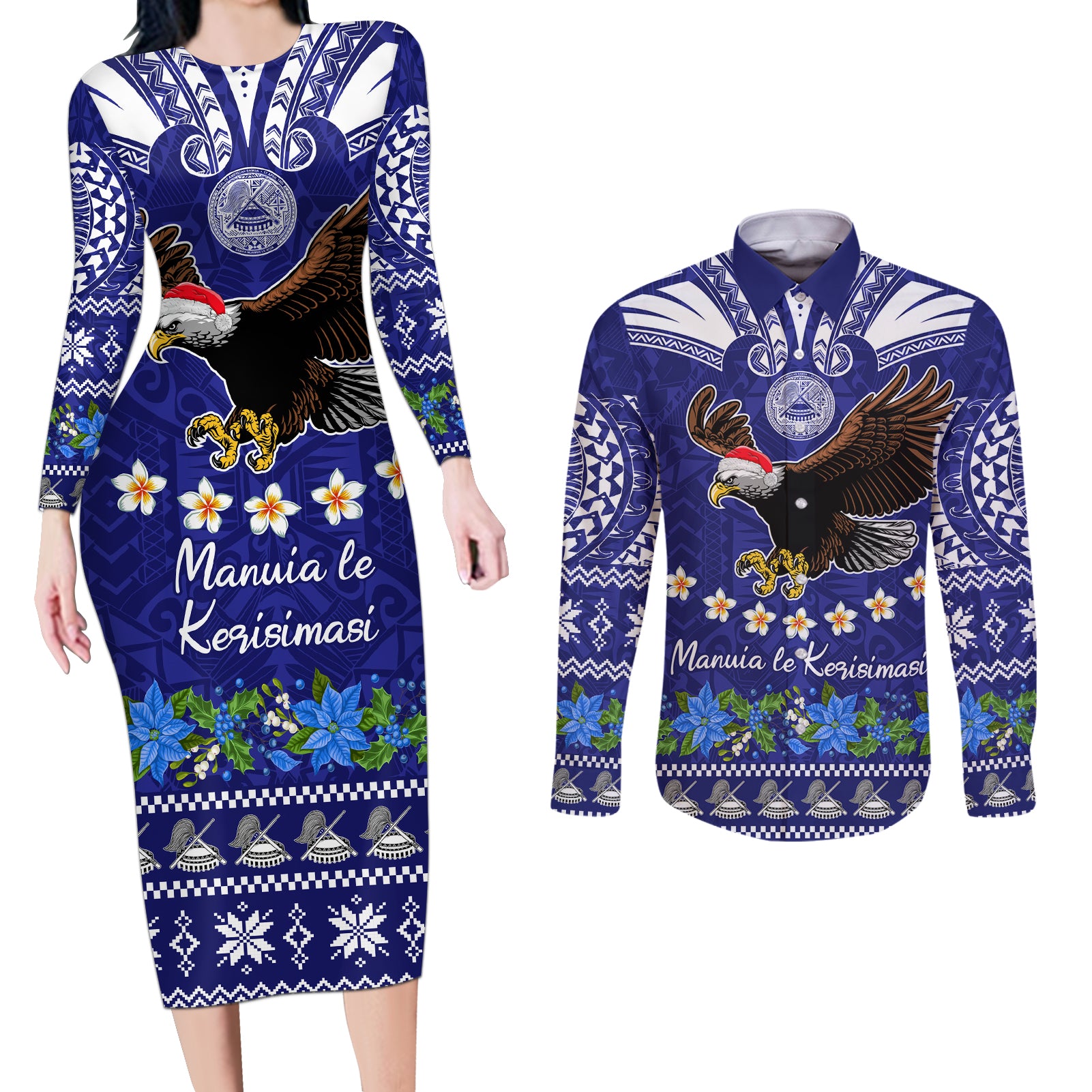 American Samoa Christmas Couples Matching Long Sleeve Bodycon Dress and Long Sleeve Button Shirt Manuia le Kerisimasi Polynesian Tribal LT9 Blue - Polynesian Pride