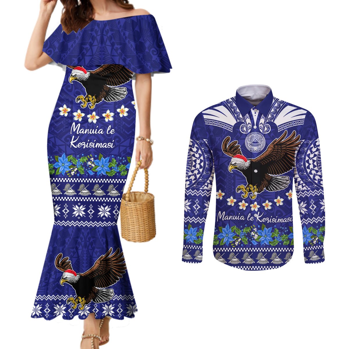 American Samoa Christmas Couples Matching Mermaid Dress and Long Sleeve Button Shirt Manuia le Kerisimasi Polynesian Tribal LT9 Blue - Polynesian Pride