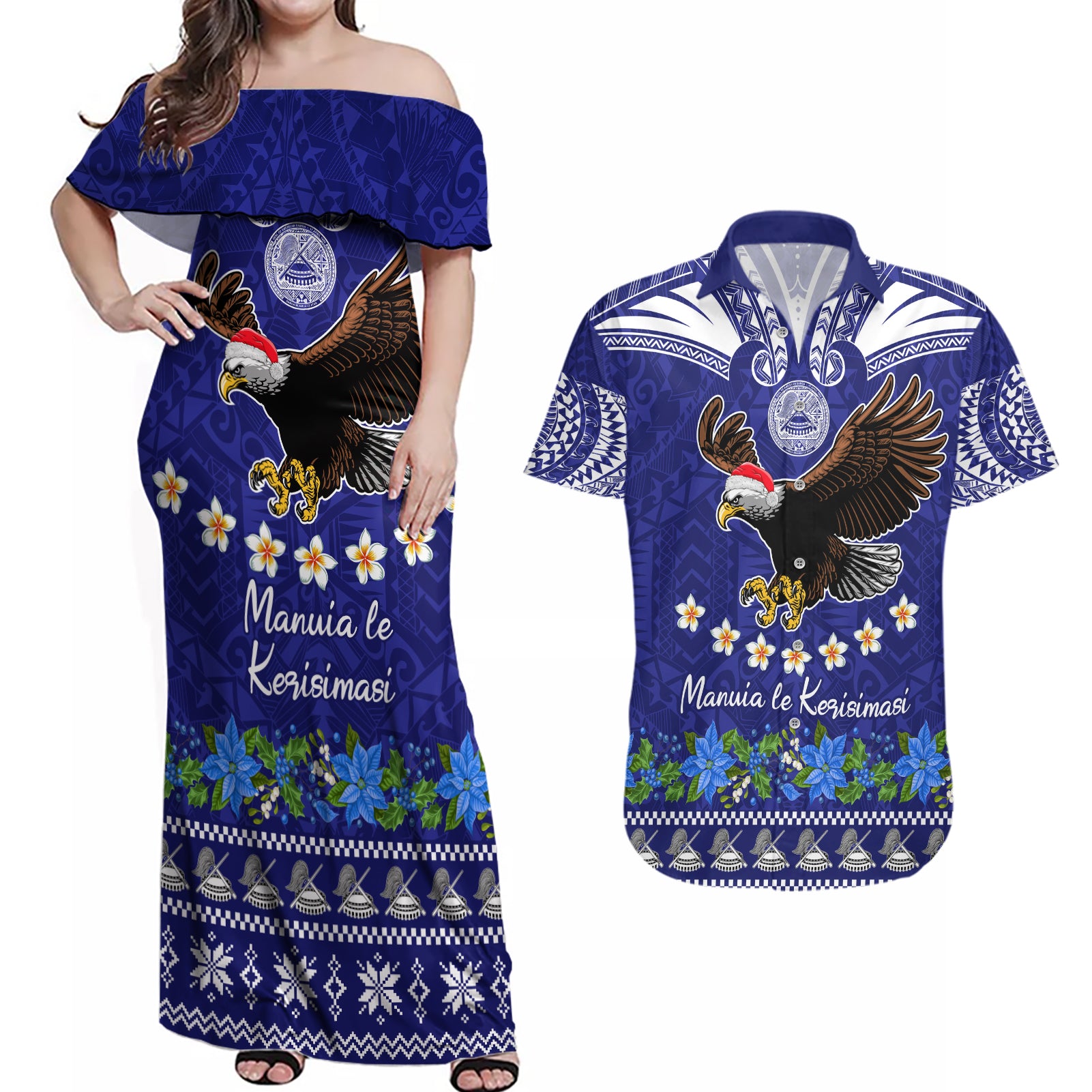 American Samoa Christmas Couples Matching Off Shoulder Maxi Dress and Hawaiian Shirt Manuia le Kerisimasi Polynesian Tribal LT9 Blue - Polynesian Pride