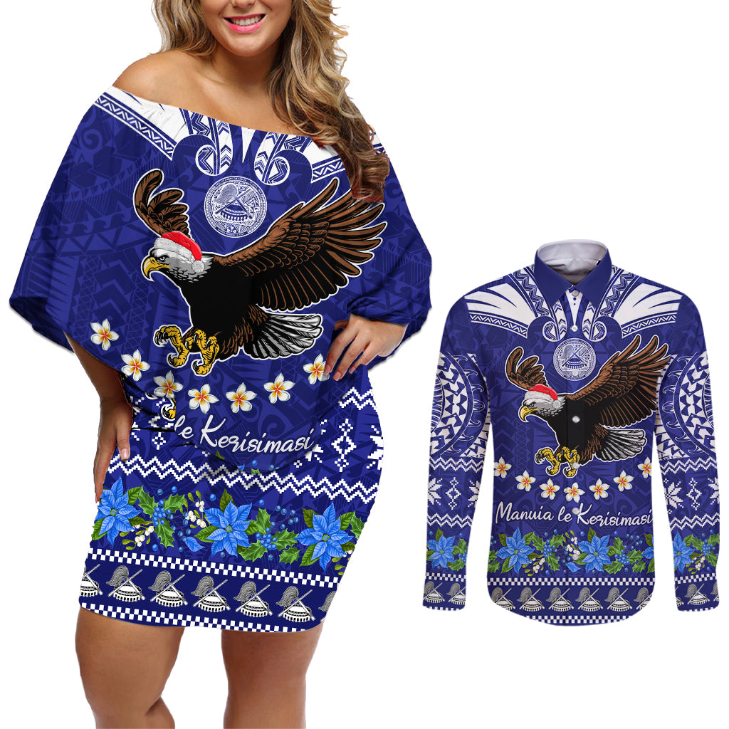 American Samoa Christmas Couples Matching Off Shoulder Short Dress and Long Sleeve Button Shirt Manuia le Kerisimasi Polynesian Tribal LT9 Blue - Polynesian Pride