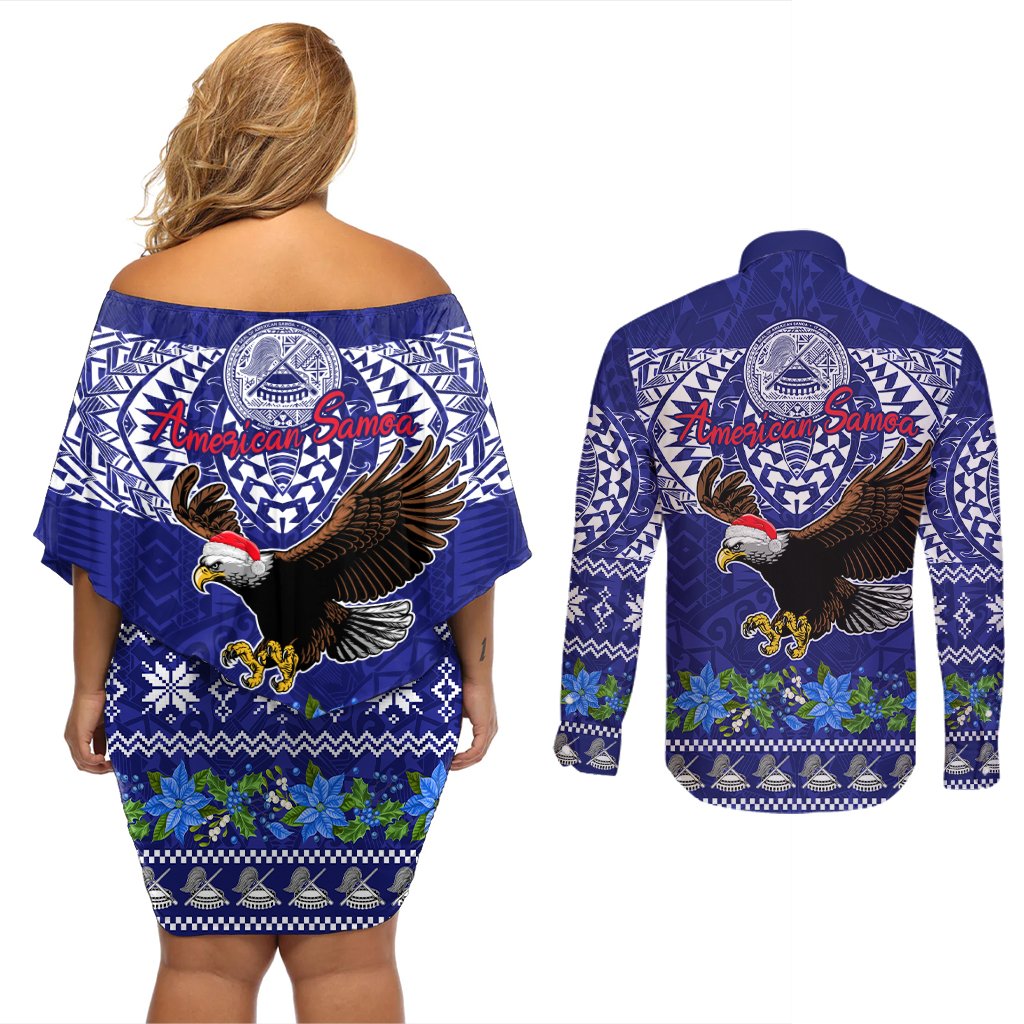 American Samoa Christmas Couples Matching Off Shoulder Short Dress and Long Sleeve Button Shirt Manuia le Kerisimasi Polynesian Tribal LT9 - Polynesian Pride