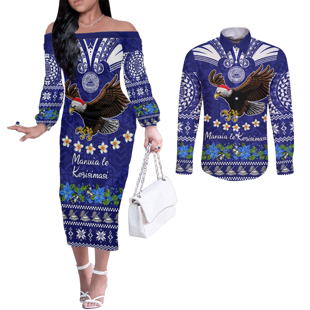 American Samoa Christmas Couples Matching Off The Shoulder Long Sleeve Dress and Long Sleeve Button Shirt Manuia le Kerisimasi Polynesian Tribal LT9 Blue - Polynesian Pride