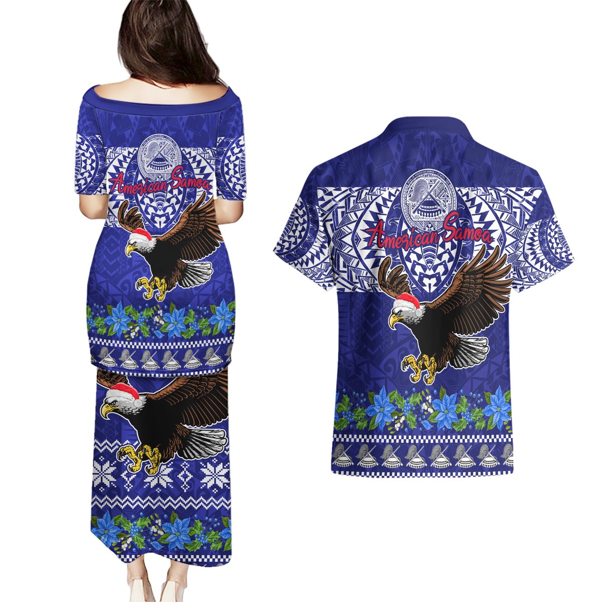 American Samoa Christmas Couples Matching Puletasi Dress and Hawaiian Shirt Manuia le Kerisimasi Polynesian Tribal LT9 - Polynesian Pride