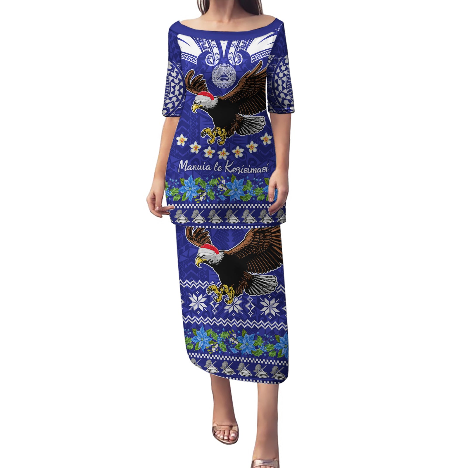 American Samoa Christmas Puletasi Manuia le Kerisimasi Polynesian Tribal LT9 Long Dress Blue - Polynesian Pride