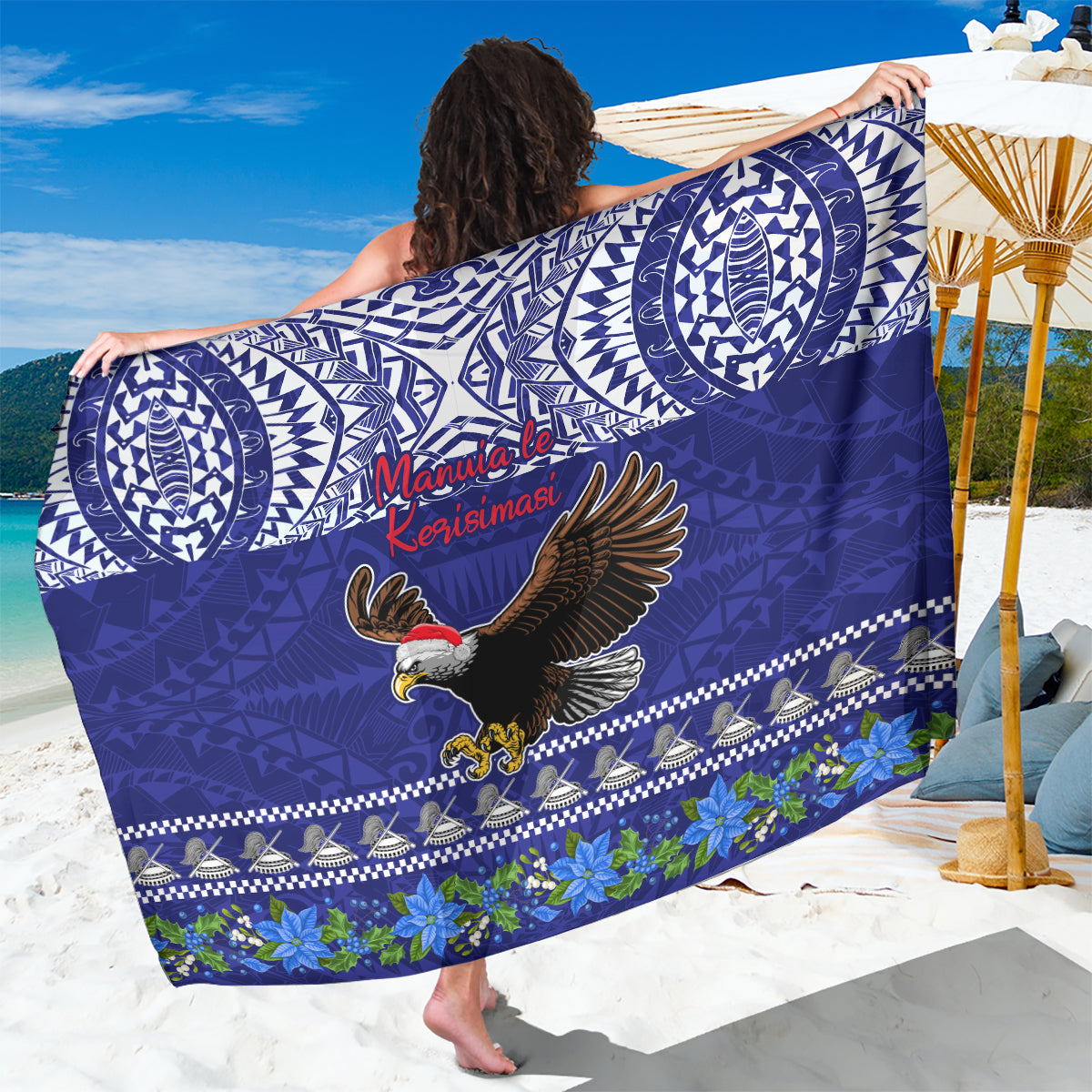 American Samoa Christmas Sarong Manuia le Kerisimasi Polynesian Tribal LT9 One Size 44 x 66 inches Blue - Polynesian Pride