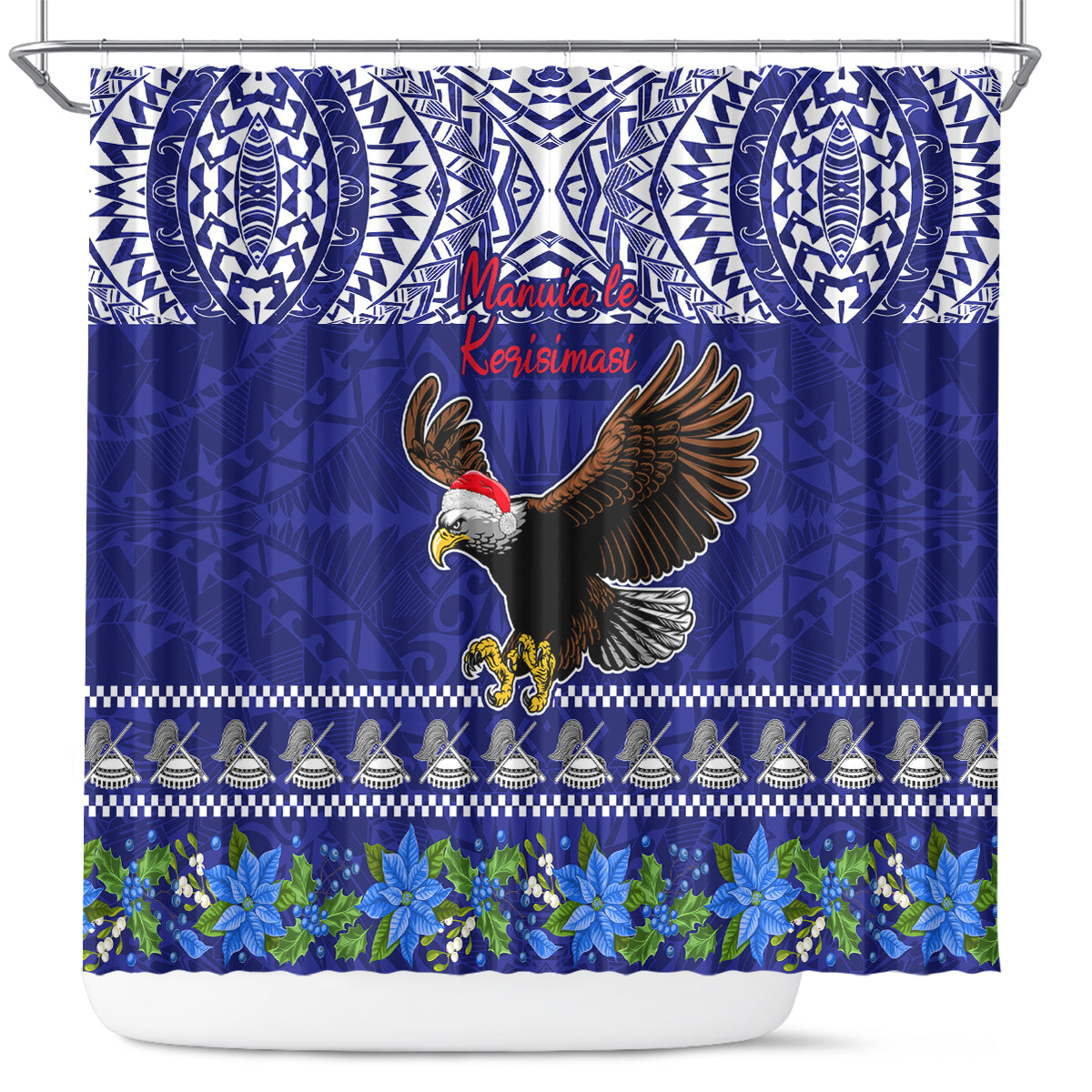 American Samoa Christmas Shower Curtain Manuia le Kerisimasi Polynesian Tribal LT9 Blue - Polynesian Pride