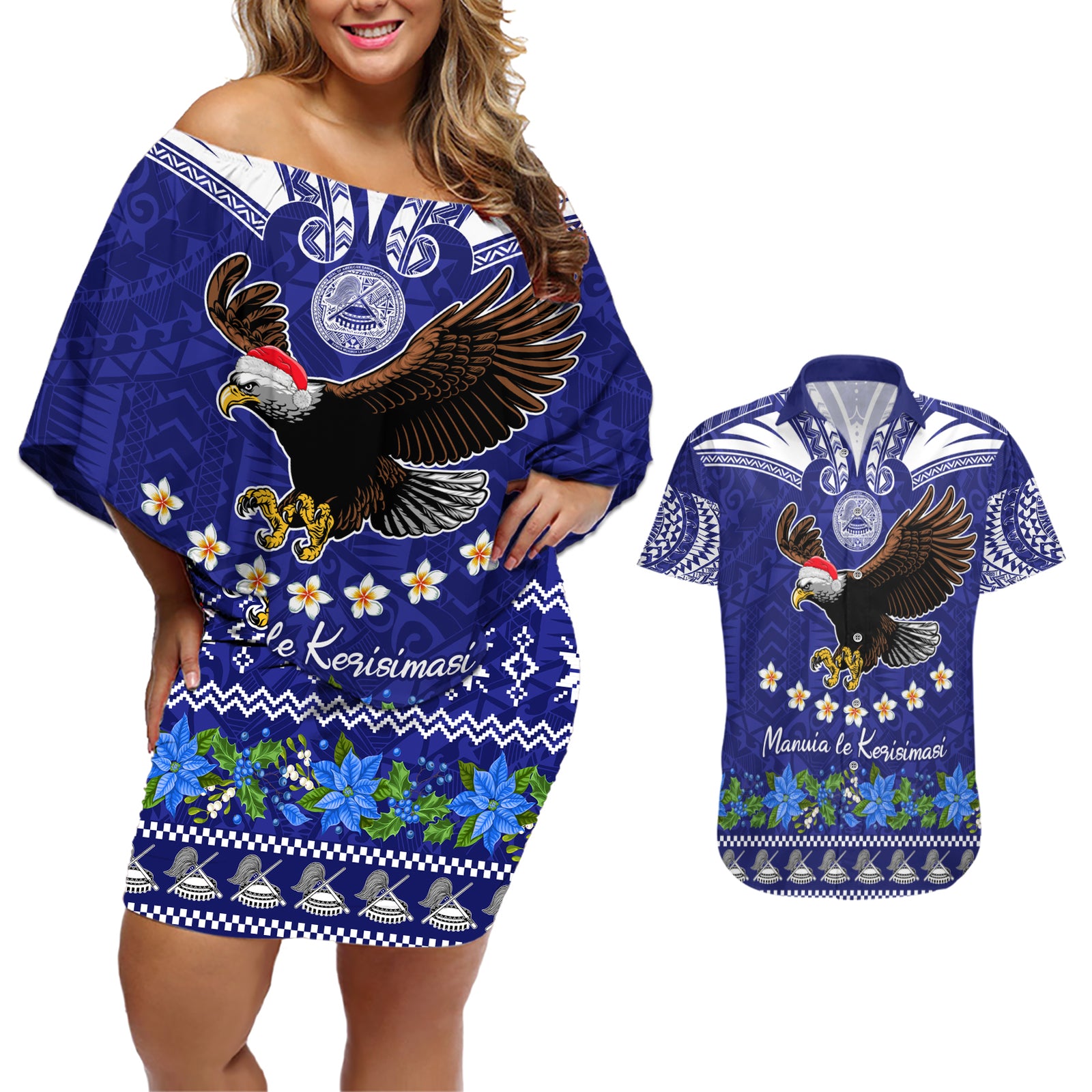 Personalised American Samoa Christmas Couples Matching Off Shoulder Short Dress and Hawaiian Shirt Manuia le Kerisimasi Polynesian Tribal LT9 Blue - Polynesian Pride