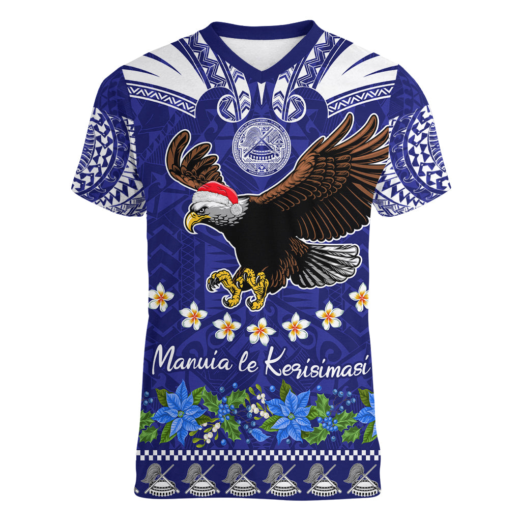 Personalised American Samoa Christmas Women V Neck T Shirt Manuia le Kerisimasi Polynesian Tribal LT9 Female Blue - Polynesian Pride