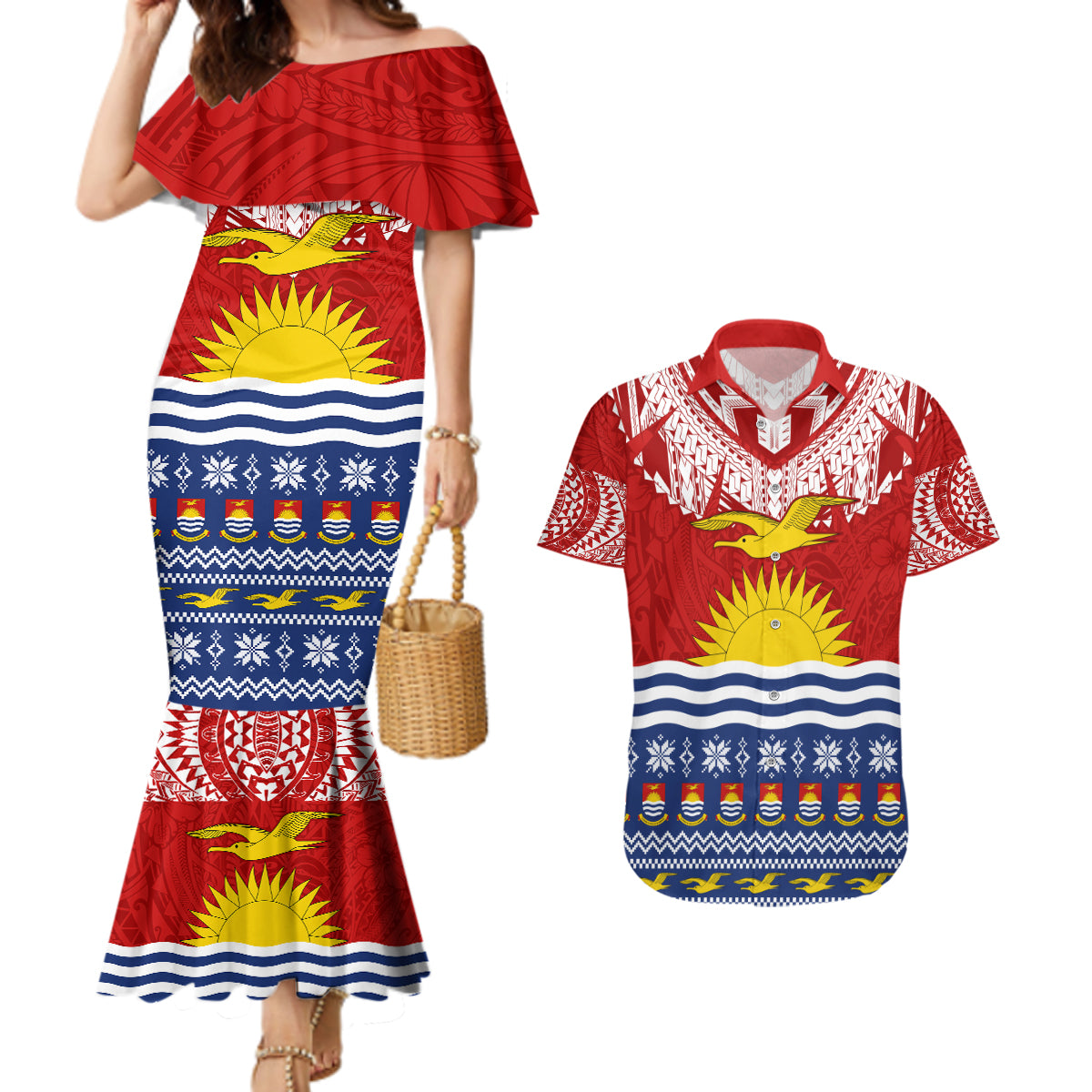 Kiribati Christmas Couples Matching Mermaid Dress and Hawaiian Shirt Tekeraoi n Te Tiritimati Polynesian Tribal LT9 Red - Polynesian Pride