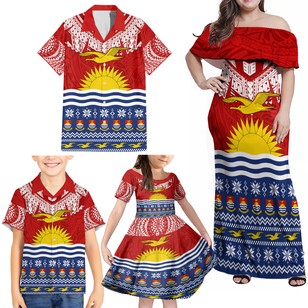 Kiribati Christmas Family Matching Off Shoulder Maxi Dress and Hawaiian Shirt Tekeraoi n Te Tiritimati Polynesian Tribal LT9 - Polynesian Pride