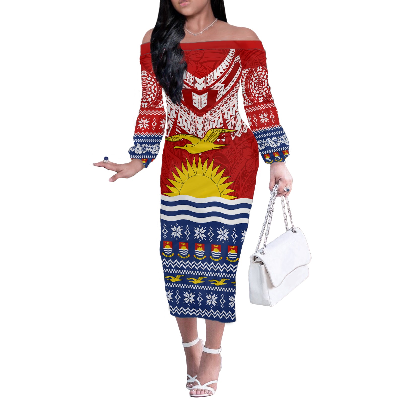 Kiribati Christmas Off The Shoulder Long Sleeve Dress Tekeraoi n Te Tiritimati Polynesian Tribal LT9 Women Red - Polynesian Pride