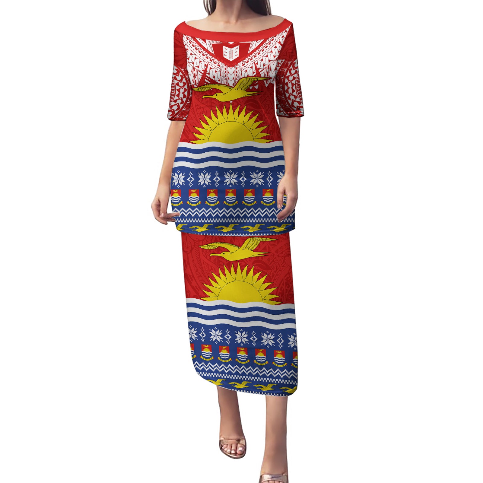 Kiribati Christmas Puletasi Tekeraoi n Te Tiritimati Polynesian Tribal LT9 Long Dress Red - Polynesian Pride