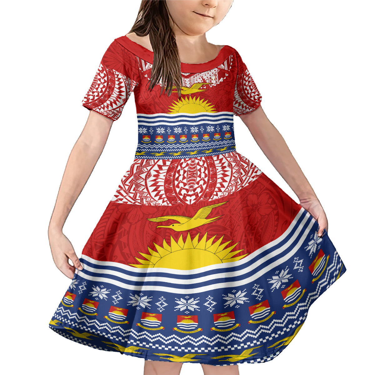 Personalised Kiribati Christmas Family Matching Mermaid Dress and Hawaiian Shirt Tekeraoi n Te Tiritimati Polynesian Tribal LT9 Daughter's Dress Red - Polynesian Pride