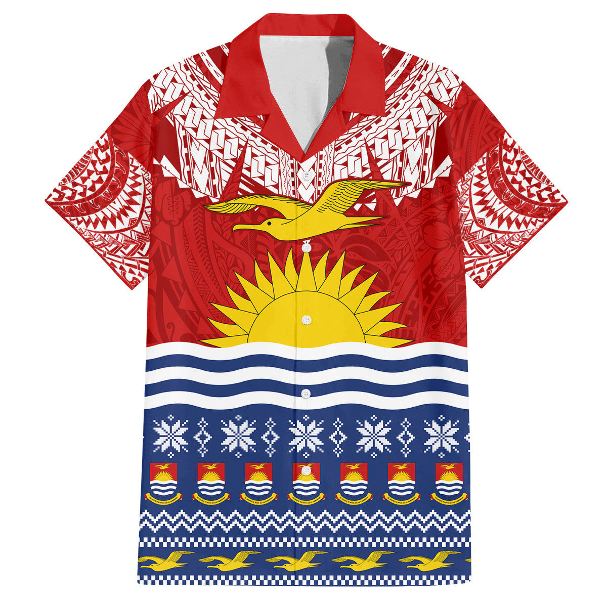 Personalised Kiribati Christmas Family Matching Off Shoulder Maxi Dress and Hawaiian Shirt Tekeraoi n Te Tiritimati Polynesian Tribal LT9 Dad's Shirt - Short Sleeve Red - Polynesian Pride