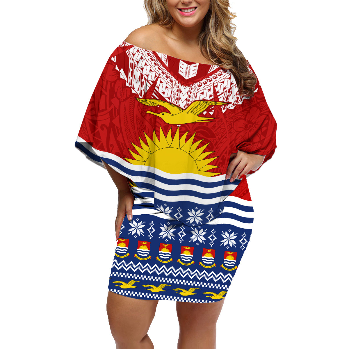 Personalised Kiribati Christmas Family Matching Off Shoulder Short Dress and Hawaiian Shirt Tekeraoi n Te Tiritimati Polynesian Tribal LT9 Mom's Dress Red - Polynesian Pride