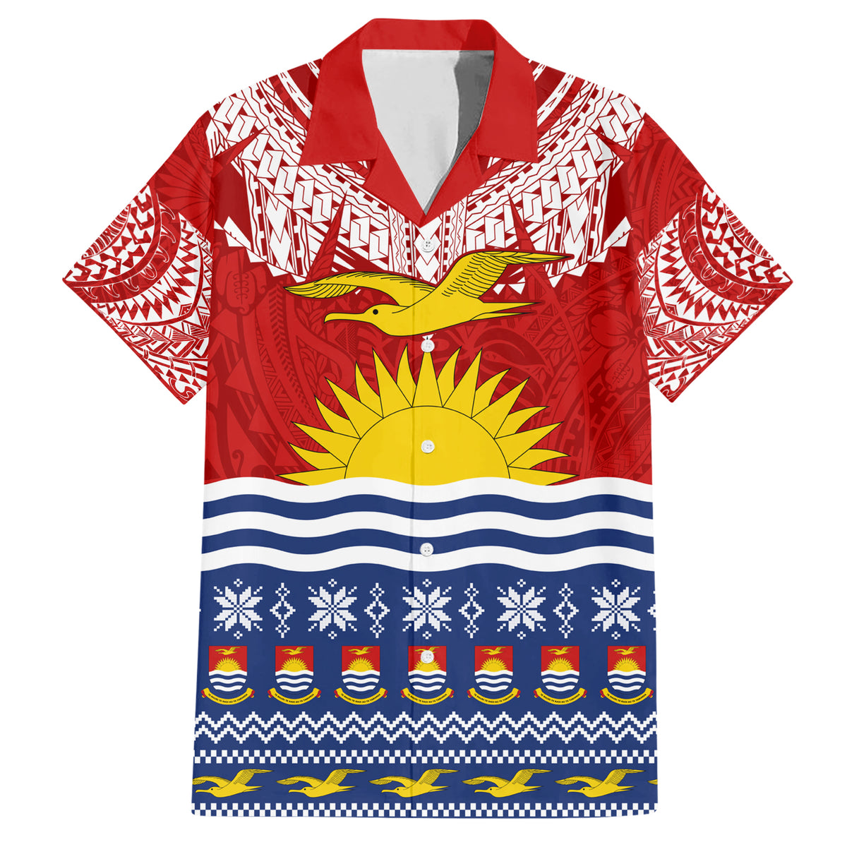 Personalised Kiribati Christmas Family Matching Short Sleeve Bodycon Dress and Hawaiian Shirt Tekeraoi n Te Tiritimati Polynesian Tribal LT9 Dad's Shirt - Short Sleeve Red - Polynesian Pride