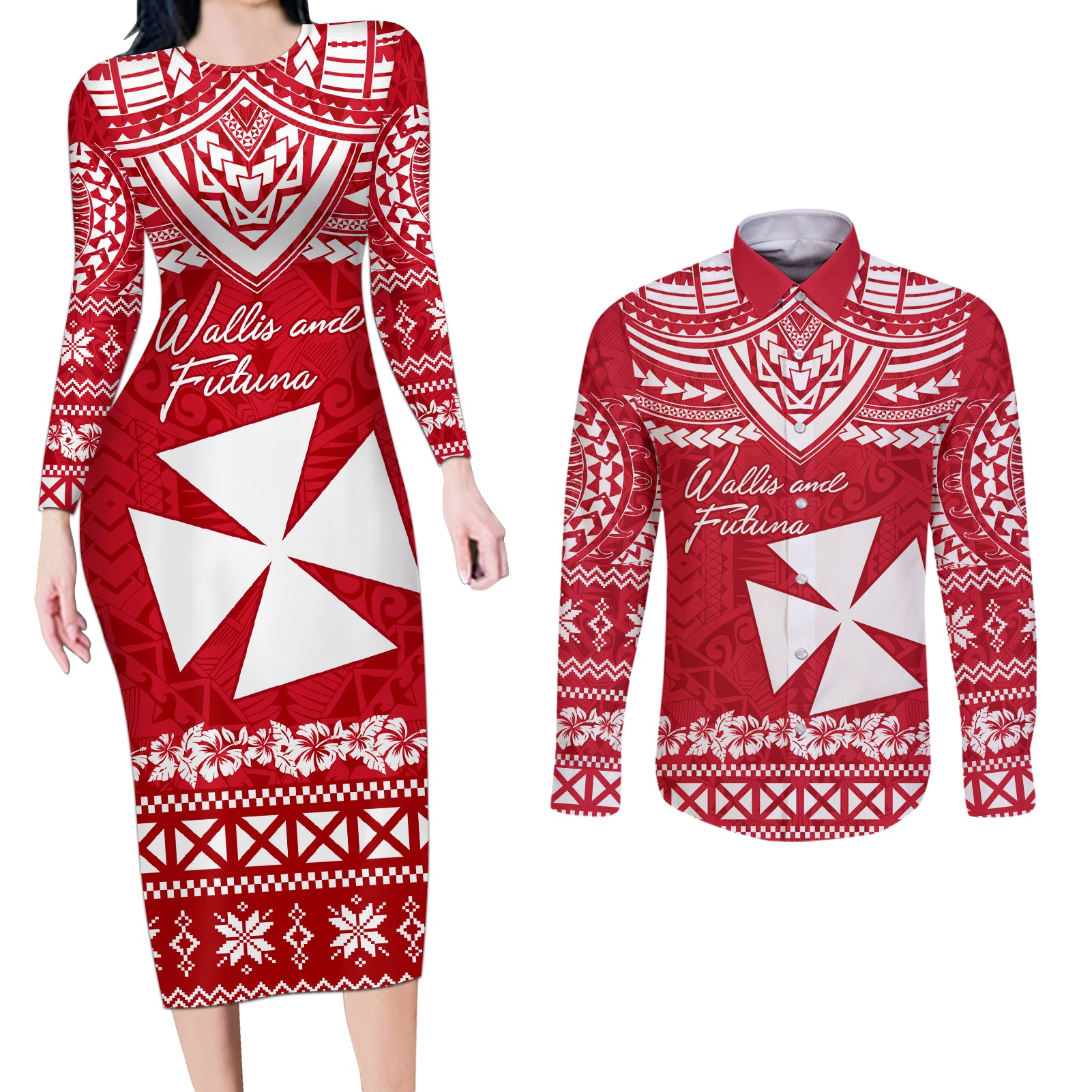 Personalised Wallis and Futuna Christmas Couples Matching Long Sleeve Bodycon Dress and Long Sleeve Button Shirt Polynesian Tribal LT9 Red - Polynesian Pride