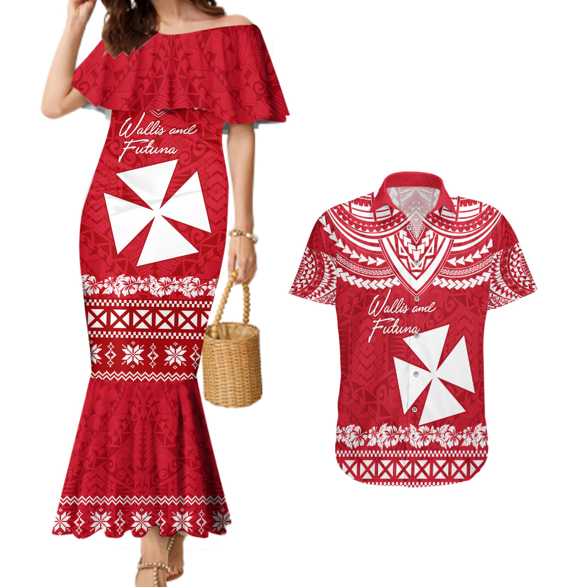 Personalised Wallis and Futuna Christmas Couples Matching Mermaid Dress and Hawaiian Shirt Polynesian Tribal LT9 Red - Polynesian Pride