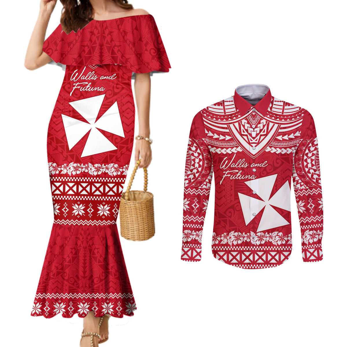 Personalised Wallis and Futuna Christmas Couples Matching Mermaid Dress and Long Sleeve Button Shirt Polynesian Tribal LT9 Red - Polynesian Pride