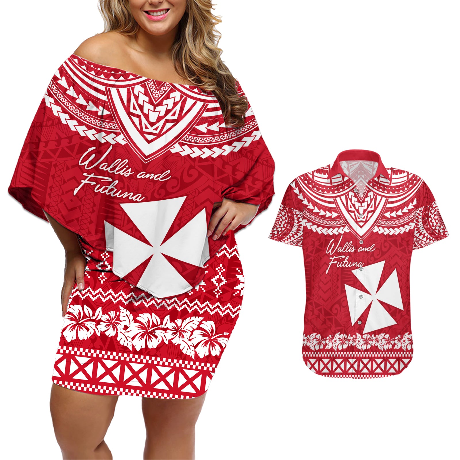 Personalised Wallis and Futuna Christmas Couples Matching Off Shoulder Short Dress and Hawaiian Shirt Polynesian Tribal LT9 Red - Polynesian Pride