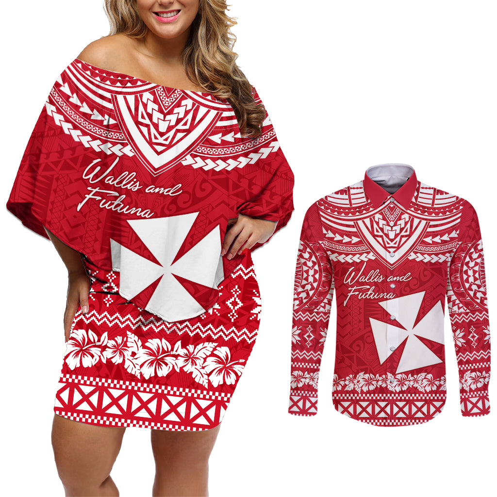 Personalised Wallis and Futuna Christmas Couples Matching Off Shoulder Short Dress and Long Sleeve Button Shirt Polynesian Tribal LT9 Red - Polynesian Pride