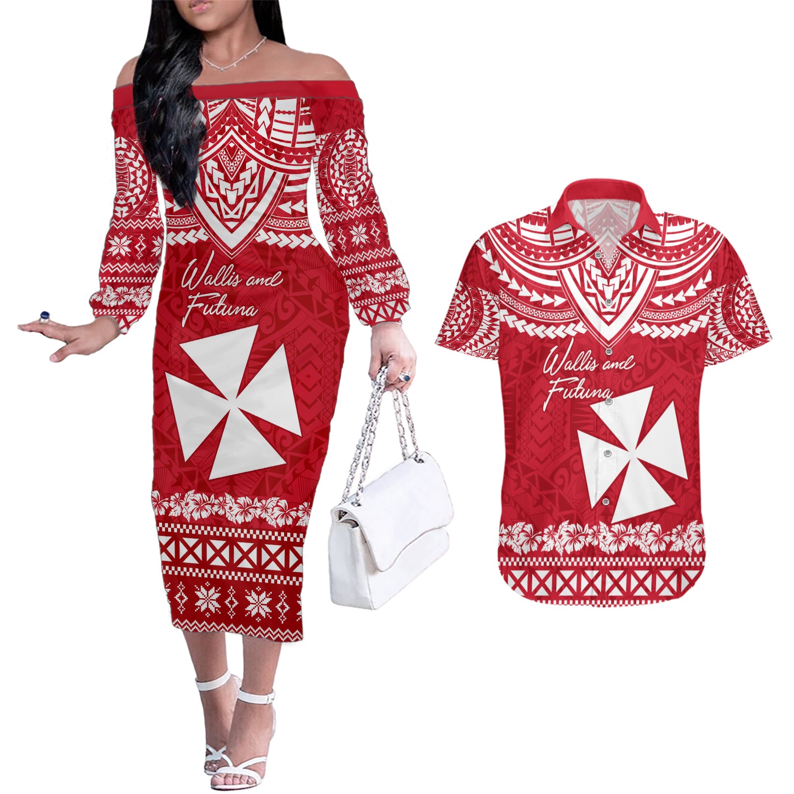 Personalised Wallis and Futuna Christmas Couples Matching Off The Shoulder Long Sleeve Dress and Hawaiian Shirt Polynesian Tribal LT9 Red - Polynesian Pride