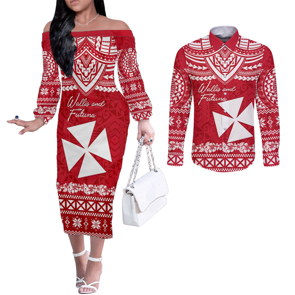 Personalised Wallis and Futuna Christmas Couples Matching Off The Shoulder Long Sleeve Dress and Long Sleeve Button Shirt Polynesian Tribal LT9 Red - Polynesian Pride